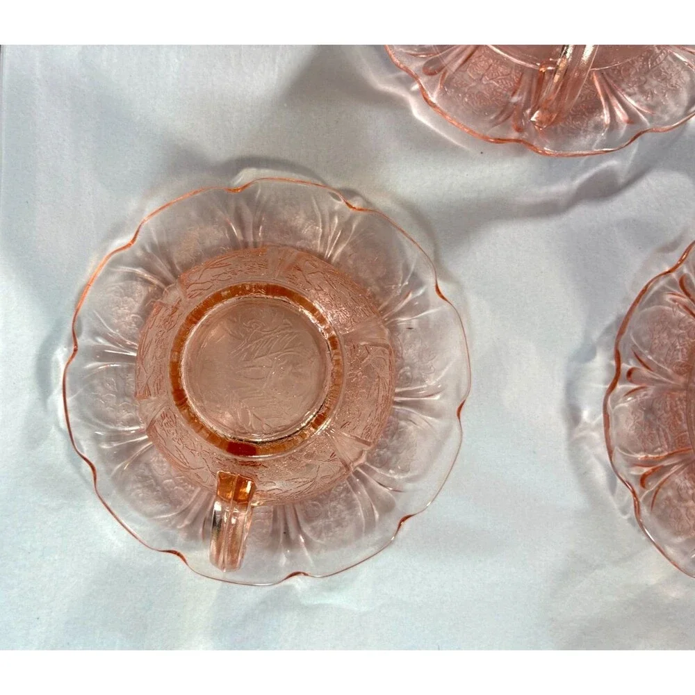 Jeannette Pink Cherry Blossom Depression Glass Cups Saucers 10 Pc Set VTG